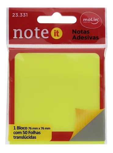 Bloco De Notas Adesivas Molin 76 X 76mm C/50 Fls - Cor Transparente Amarelo Neon