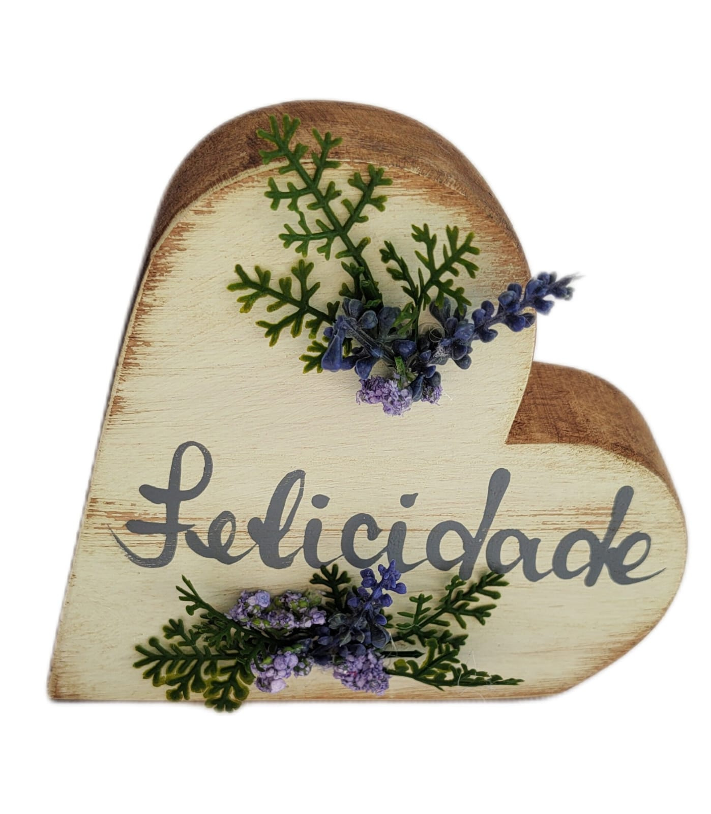 Coração De Madeira Pintado Cor Pátina - Felicidade ( 13 x 13 x 3,0 cm )