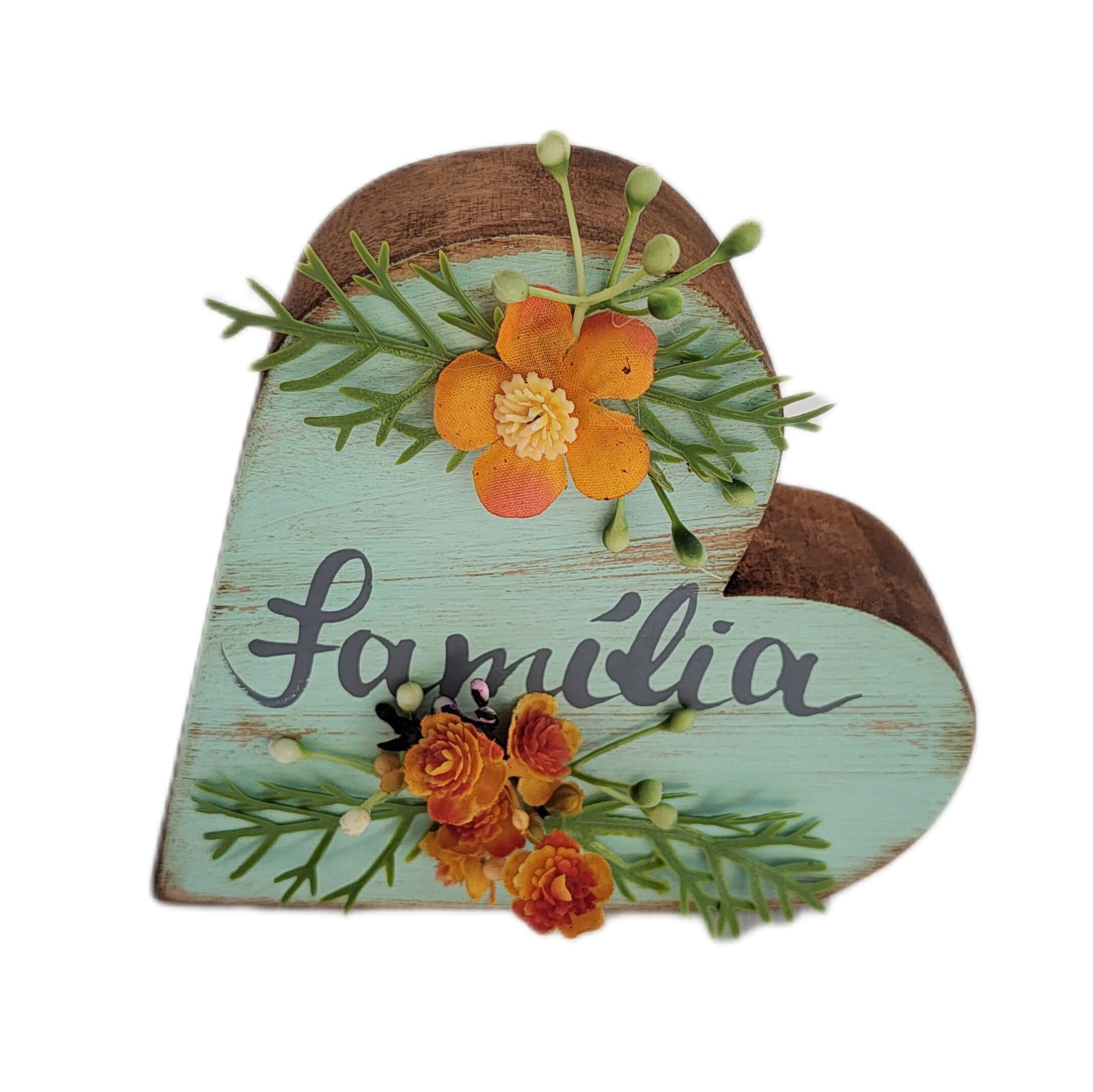 Coração De Madeira Pintado Cor Pátina - Família ( 13 x 13 x 3,0 cm )