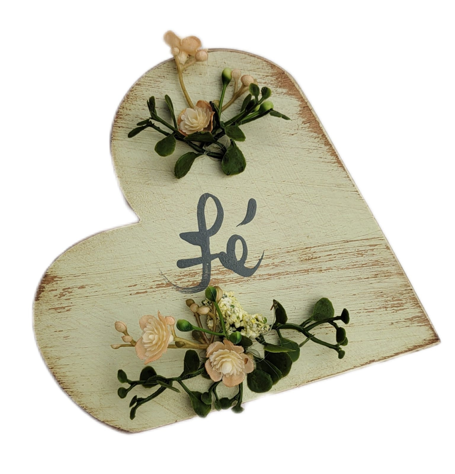 Coração De Madeira Pintado Cor Pátina - Fé ( 13 x 13 x 3,0 cm )