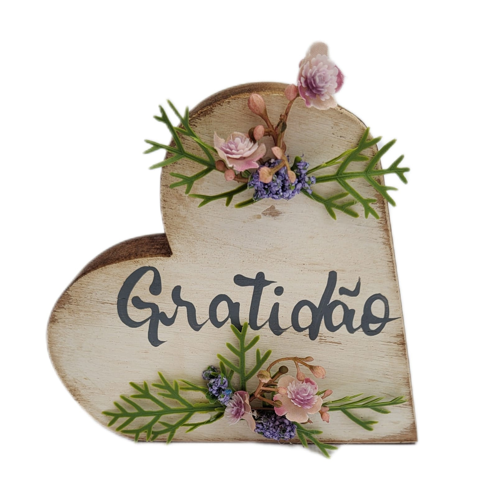 Coração De Madeira Pintado Cor Pátina - Gratidão ( 13 x 13 x 3,0 cm )