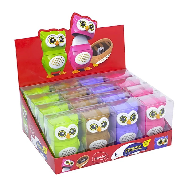 Apontador e Borracha Coruja 2 em 1 Molin - Roxa