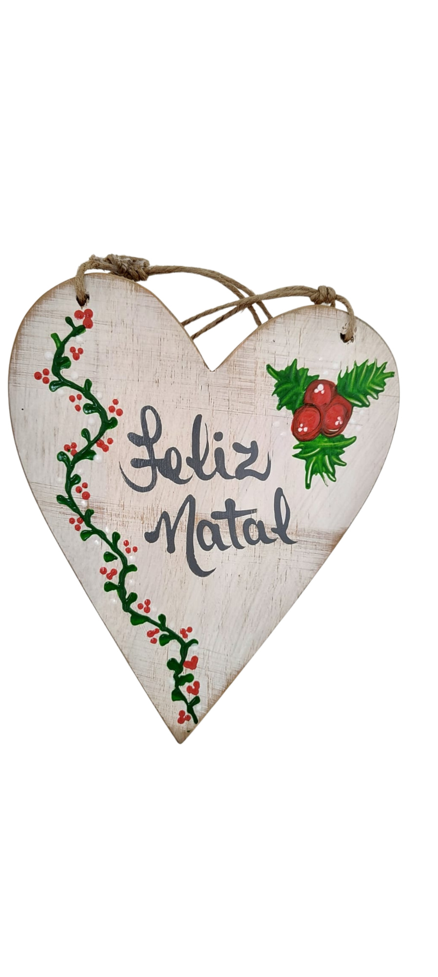Coração De Madeira Pintado Cor Branco Pátina - Feliz Natal ( 16 x 16 x 1,5 cm )